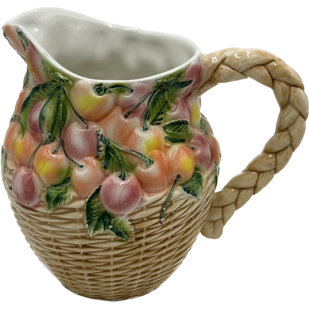 Vintage La Ceramica Pitcher Fruit Basket Weave‎ Floral Design Made In Italy HTF